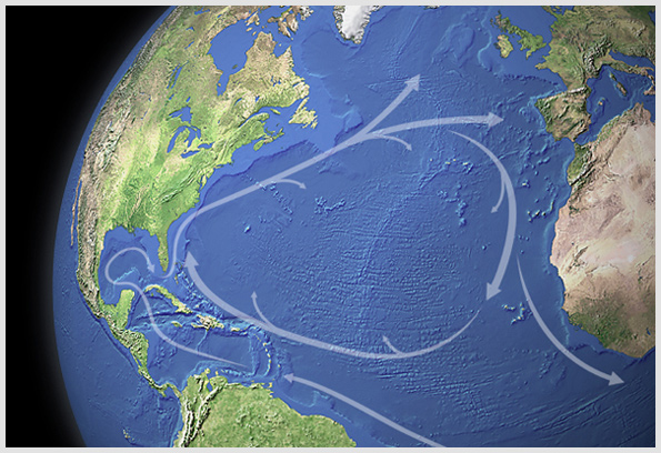 The wind and waves move the boats around the Atlantic Circle