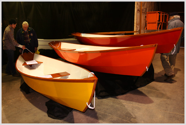 Three colorful dories